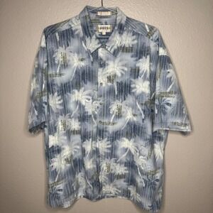 COMODA Mens XXL Tropical Palm Tree Button Up Shirt Blue Short Sleeve